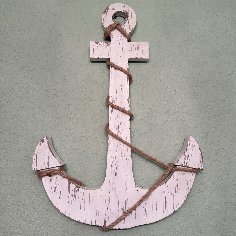 Anchor Wall Art Nautical Distressed White Wooden Decor Jute Rope 24I"x18"